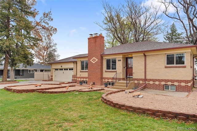 view of front facade featuring a garage, brick siding, a chimney, and a front lawn