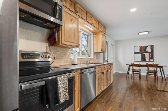 kitchen with a sink, appliances with stainless steel finishes, backsplash, baseboards, and dark wood-style flooring