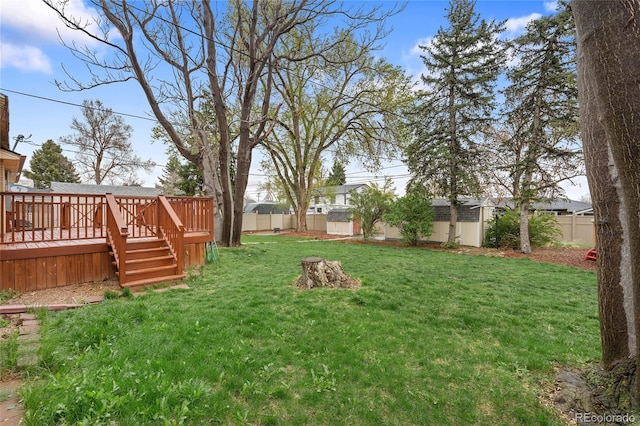 view of yard with a fenced backyard and a deck