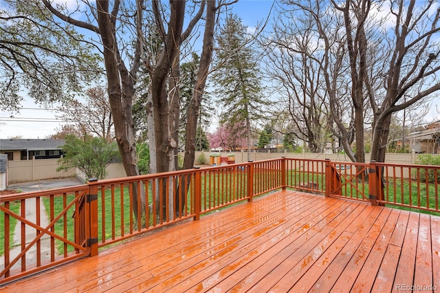 deck with a fenced backyard