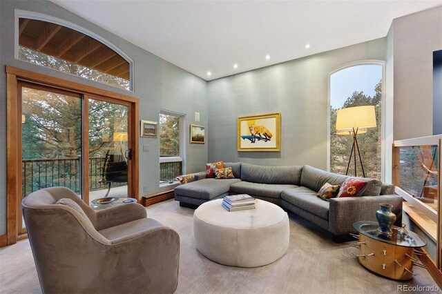 living room with recessed lighting and light colored carpet