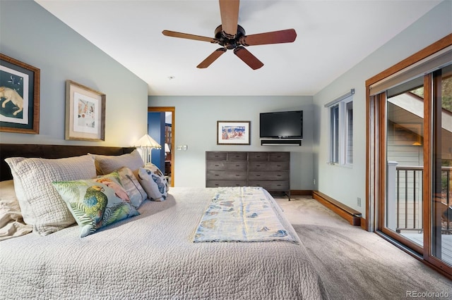 bedroom with a baseboard heating unit, carpet flooring, ceiling fan, access to outside, and baseboards