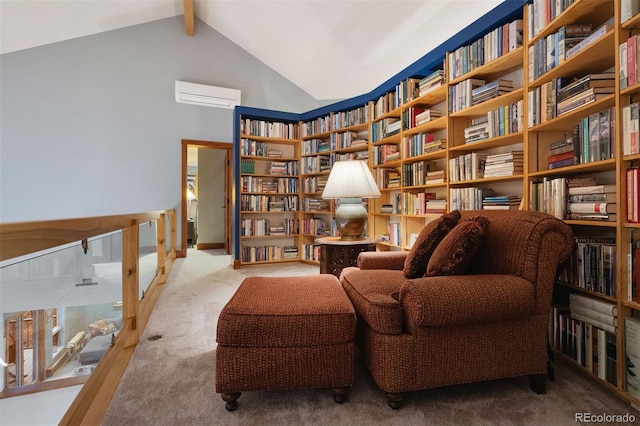 living area with beamed ceiling, bookshelves, carpet, an AC wall unit, and high vaulted ceiling