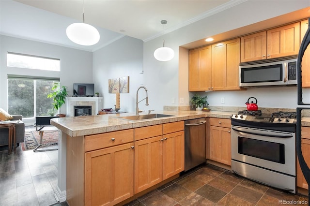 kitchen with kitchen peninsula, appliances with stainless steel finishes, ornamental molding, sink, and pendant lighting