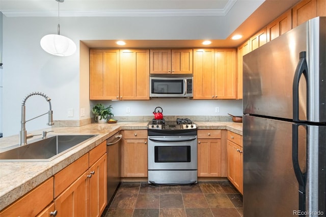 kitchen featuring pendant lighting, light brown cabinets, sink, ornamental molding, and stainless steel appliances