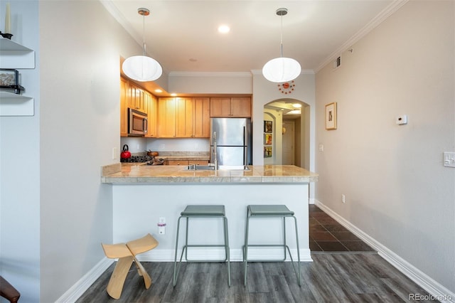 kitchen with kitchen peninsula, decorative light fixtures, stainless steel appliances, and crown molding