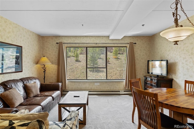 640 Village Rd Unit 4220, Breckenridge, CO 80424 - carpeted living area featuring wallpapered walls, a baseboard radiator, and beam ceiling