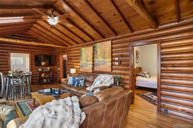 9850 Mohawk Trl, Cascade, CO 80809 - living room featuring wooden ceiling, a ceiling fan, hardwood / wood-style flooring, and log walls