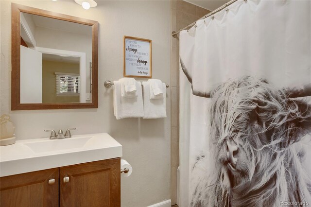 9850 Mohawk Trl, Cascade, CO 80809 - full bath featuring vanity, a shower with shower curtain, and baseboards