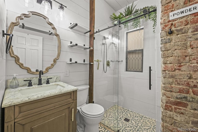 1024 34th St, Denver, CO 80205 - bathroom featuring vanity, a shower stall, and brick wall