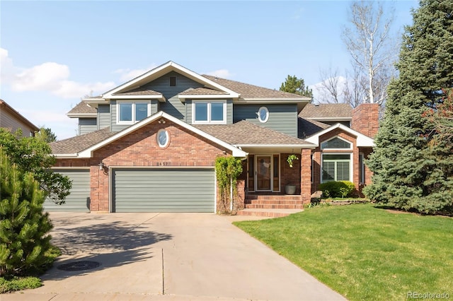 view of front facade with a front lawn, driveway, brick siding, a garage, and a shingled roof
