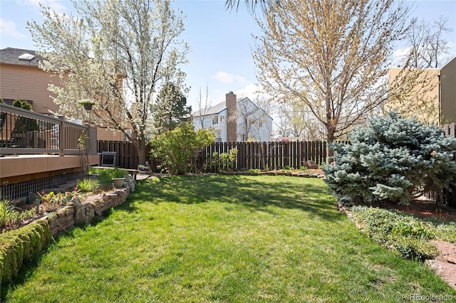 view of yard featuring a wooden deck and fence