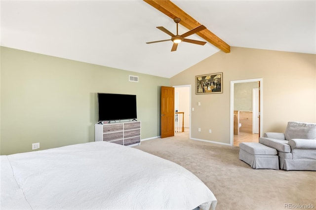 bedroom with visible vents, a ceiling fan, baseboards, lofted ceiling with beams, and light colored carpet