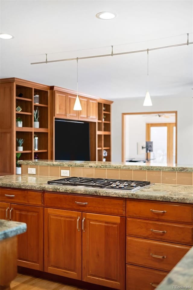1437 Cassin Ct, Boulder, CO 80303 - kitchen featuring open shelves, hanging light fixtures, brown cabinets, light wood-style floors, and recessed lighting