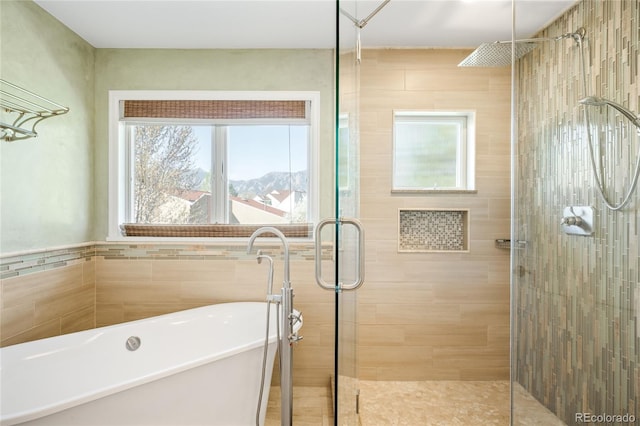 1437 Cassin Ct, Boulder, CO 80303 - full bathroom featuring a shower stall, a freestanding bath, and tile walls
