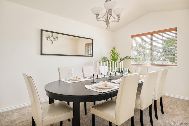 1477 Serene Dr, Erie, CO 80516 - dining area featuring carpet floors, a chandelier, baseboards, and vaulted ceiling