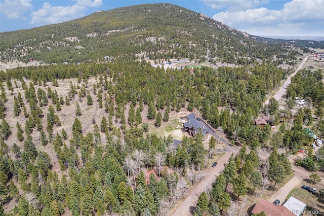 bird's eye view with a wooded view and a mountain view