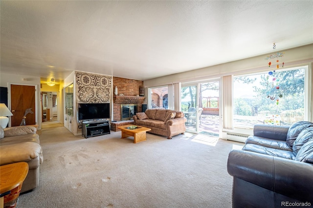 carpeted living room with a fireplace and baseboard heating