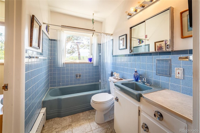 full bathroom with a baseboard radiator, toilet, tile walls, vanity, and shower / tub combo with curtain