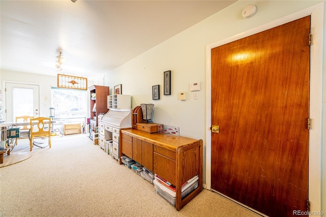 interior space featuring carpet floors and ceiling fan