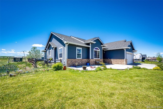 59466 E Commanche Way, Strasburg, CO 80136 - single story home featuring a front lawn, driveway, a garage, and roof with shingles