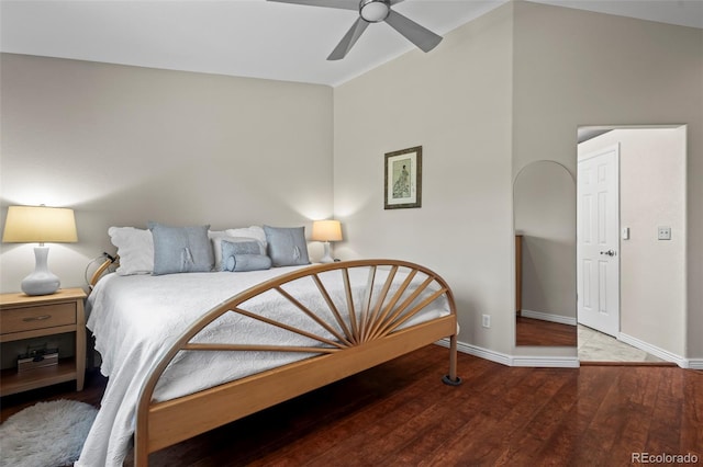 1376 Banner Cir, Erie, CO 80516 - bedroom featuring wood finished floors, lofted ceiling, and a ceiling fan