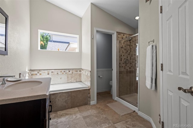 1376 Banner Cir, Erie, CO 80516 - full bath featuring a garden tub, a shower stall, vanity, and vaulted ceiling