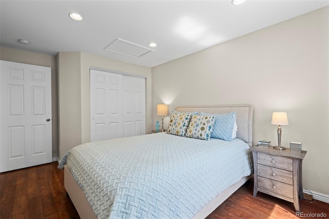 1376 Banner Cir, Erie, CO 80516 - bedroom with wood finished floors, attic access, a closet, and recessed lighting