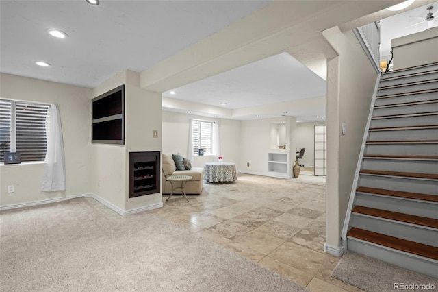 1376 Banner Cir, Erie, CO 80516 - living room featuring recessed lighting, stairway, and light colored carpet