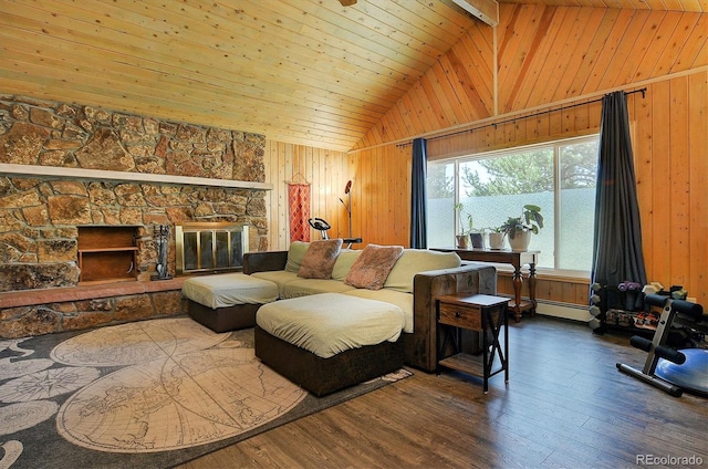 510 Crossman Ave, Buena Vista, CO 81211 - living area with wood walls, wood finished floors, wood ceiling, and high vaulted ceiling