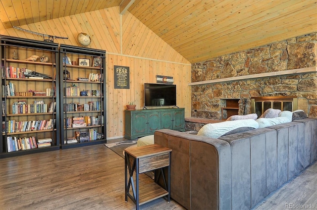 510 Crossman Ave, Buena Vista, CO 81211 - living room featuring wood finished floors, a wood ceiling with exposed beams, wooden walls, and high vaulted ceiling