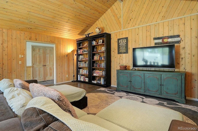 510 Crossman Ave, Buena Vista, CO 81211 - living room featuring vaulted ceiling, wood walls, wooden ceiling, and wood finished floors