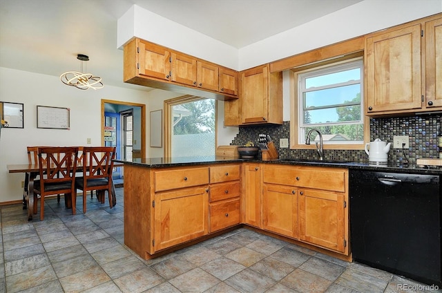 510 Crossman Ave, Buena Vista, CO 81211 - kitchen featuring black dishwasher, stone finish flooring, decorative backsplash, a peninsula, and brown cabinets