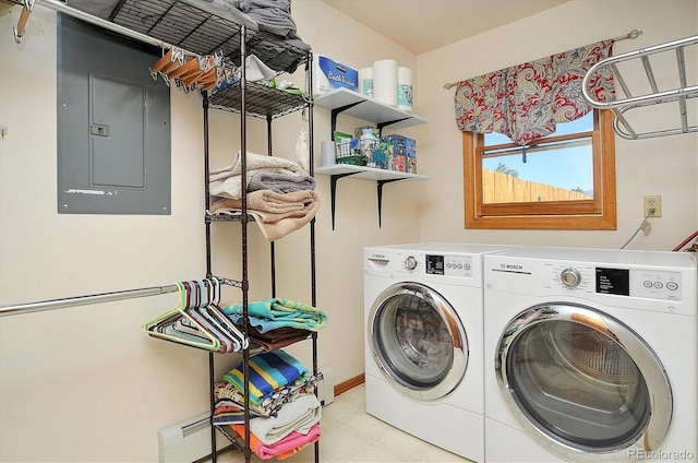 510 Crossman Ave, Buena Vista, CO 81211 - washroom with washing machine and clothes dryer, a baseboard radiator, electric panel, a baseboard heating unit, and tile patterned floors