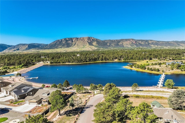 aerial view featuring a water and mountain view and a view of trees