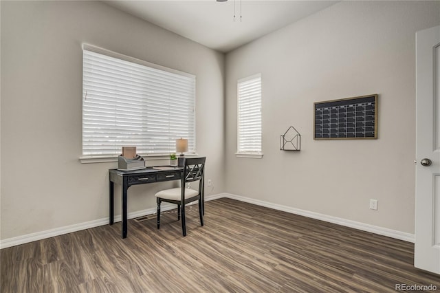 home office with ceiling fan, baseboards, and wood finished floors