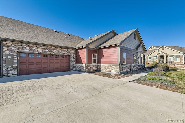 12625 Madison Way, Thornton, CO 80241 - ranch-style house with a garage, roof with shingles, driveway, and stone siding