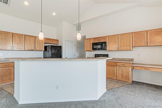 2552 W 82nd Ln Unit C, Westminster, CO 80031 - kitchen with black appliances, high vaulted ceiling, light colored carpet, a center island, and pendant lighting