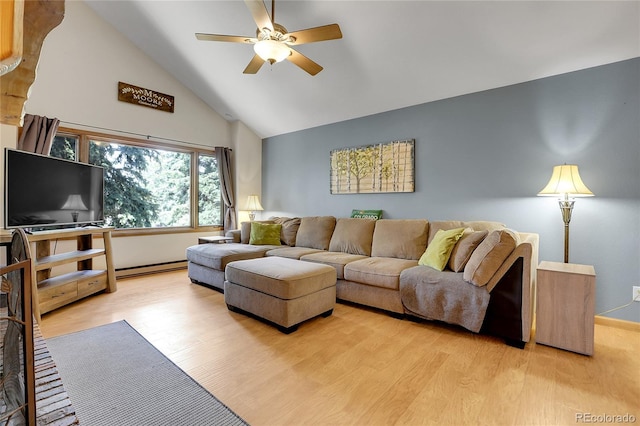 7753 Red Fox Dr, Evergreen, CO 80439 - living room featuring light wood-style floors, a ceiling fan, high vaulted ceiling, and baseboards