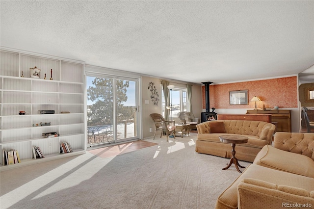 carpeted living room featuring a textured ceiling and a wood stove