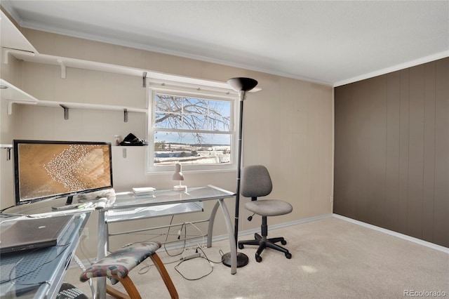 carpeted office space featuring ornamental molding