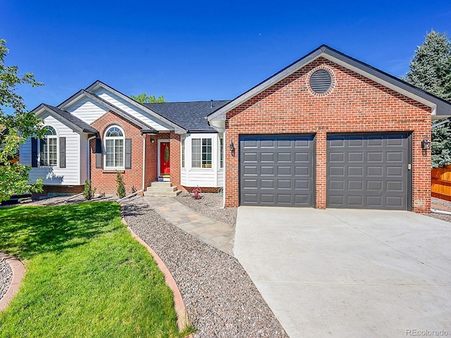 7809 S Flower St, Littleton, CO 80128 - ranch-style home featuring brick siding, a garage, driveway, and a front lawn