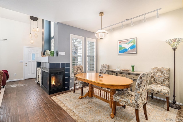 8300 Fairmount Dr Unit M103, Denver, CO 80247 - dining area featuring track lighting, dark wood-type flooring, baseboards, and a multi sided fireplace
