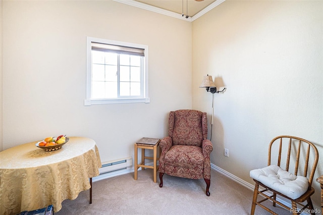 8300 Fairmount Dr Unit M103, Denver, CO 80247 - living area with baseboard heating, crown molding, baseboards, carpet flooring, and ceiling fan