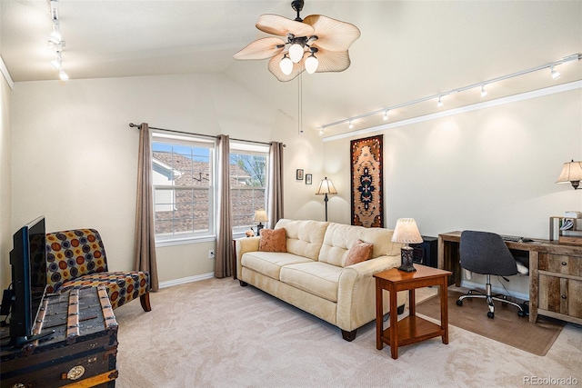 8300 Fairmount Dr Unit M103, Denver, CO 80247 - living area featuring track lighting, a ceiling fan, an office area, and vaulted ceiling