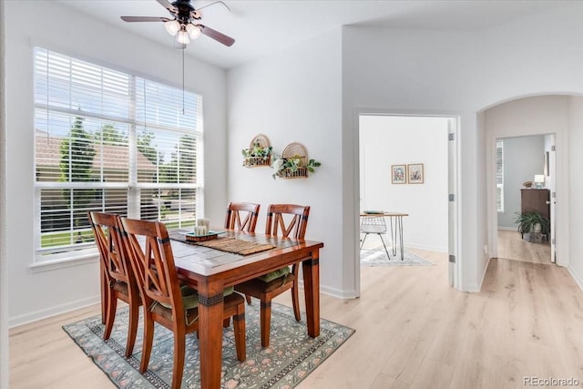 3862 E 127th Ln, Thornton, CO 80241 - dining area with ceiling fan, arched walkways, light wood-type flooring, and plenty of natural light
