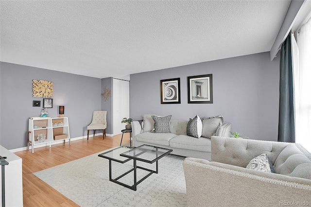 living area featuring a textured ceiling, baseboards, and wood finished floors