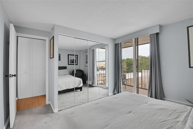 carpeted bedroom with access to outside, a textured ceiling, and baseboards