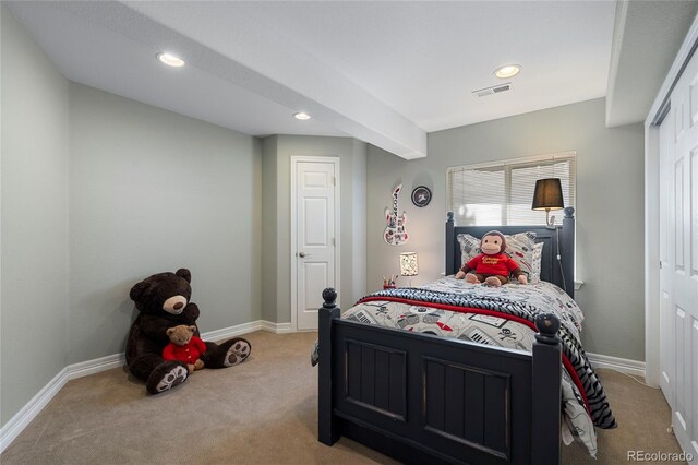 carpeted bedroom with baseboards and recessed lighting