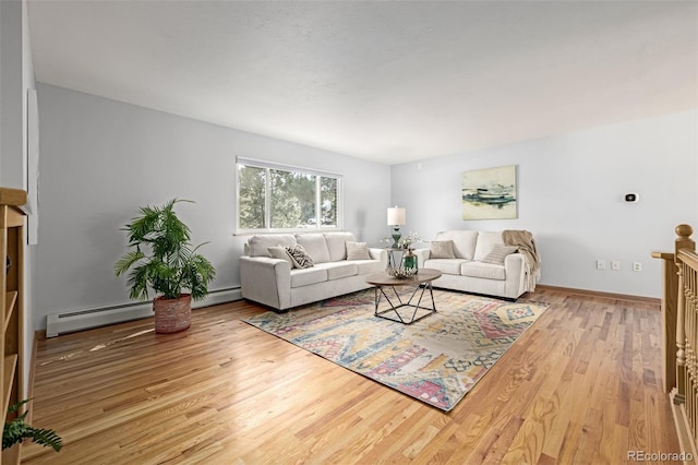 living area with baseboards, baseboard heating, and wood finished floors